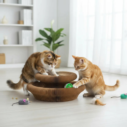 Interaktivt kradsesbræt til kat med bold – Legetøj i bølgepap